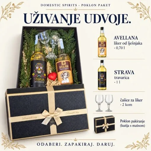 Kartica sadržaja poklon paketa — „Za uživanje u dvoje” poklon paket.
